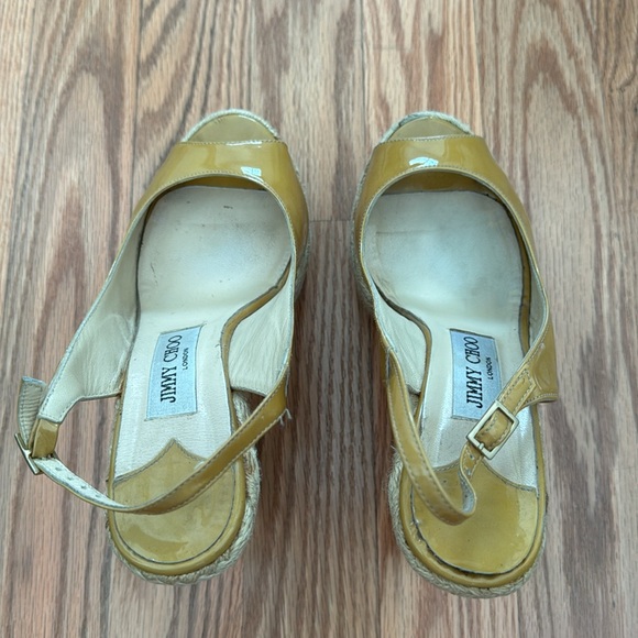Jimmy Choo Patent Leather Vita Peep-Toe Slingback Sandals (Sand Yellow)- Size 37 - Picture 2 of 9